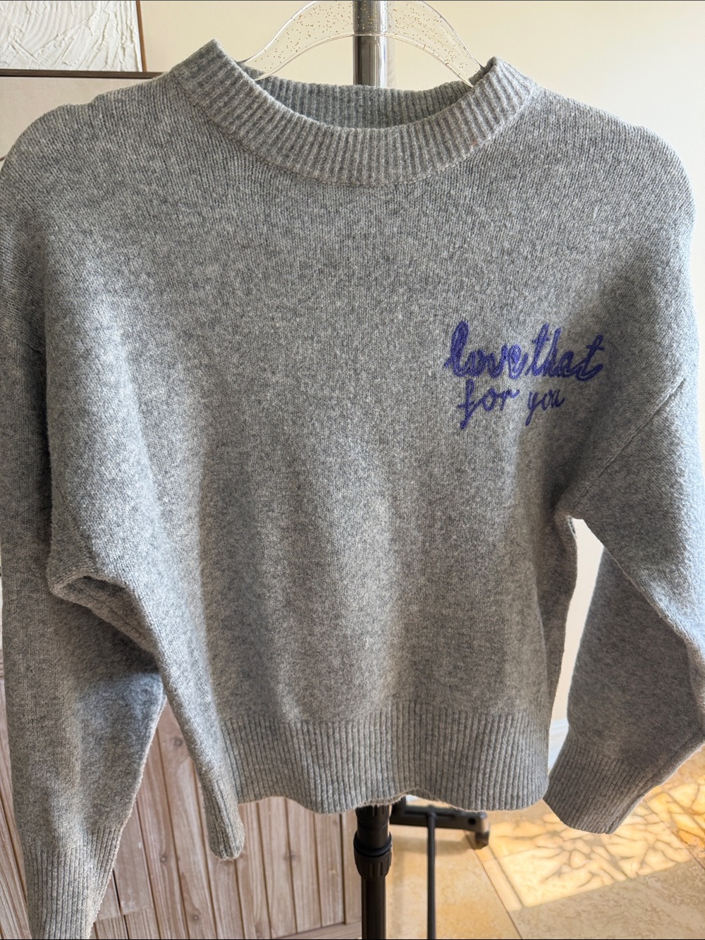 a new day Grey Crewneck Sweater with Script Embroidery